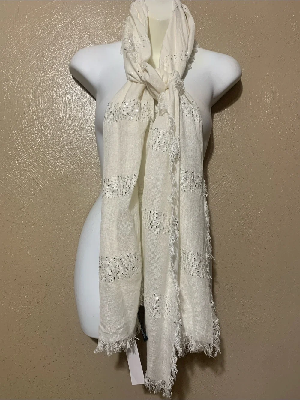 16. Charlie Paige Ivory Sequin Fringe Scarf NWT